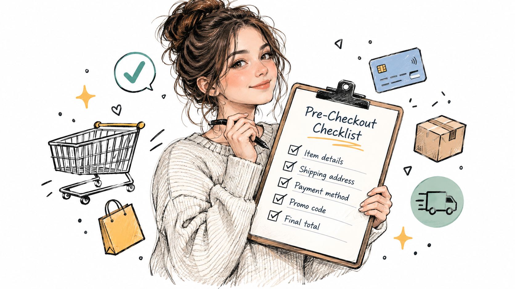 A friendly illustration of a girl holding a clipboard with a pre-checkout checklist for online shopping.