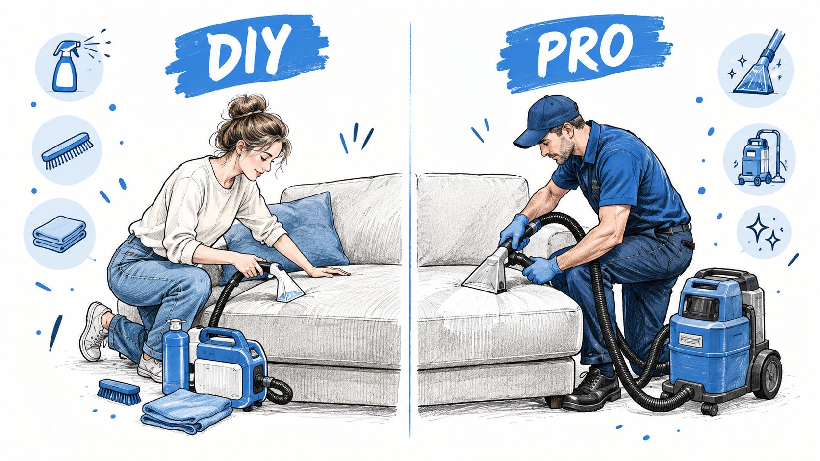 A comparison image showing a woman cleaning a sofa using a home machine versus a professional using commercial equipment.