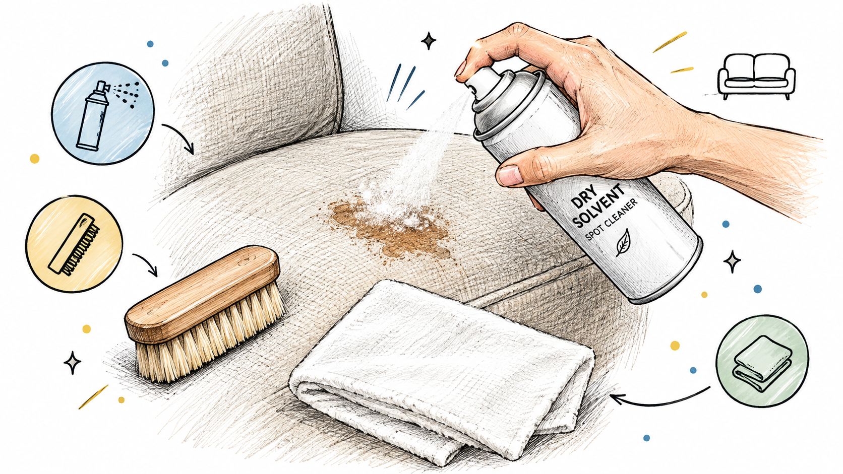 A hand applies dry solvent spot cleaner to a stained sofa cushion, with a brush and cloth nearby.