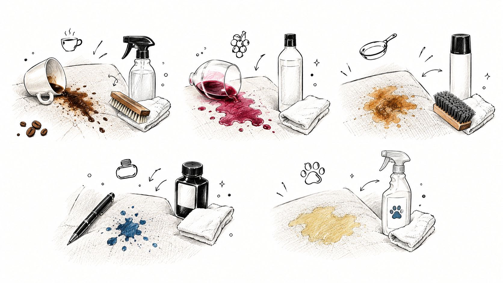 A conceptual illustration showing various household stains on fabric upholstery and their corresponding cleaning solutions and tools.