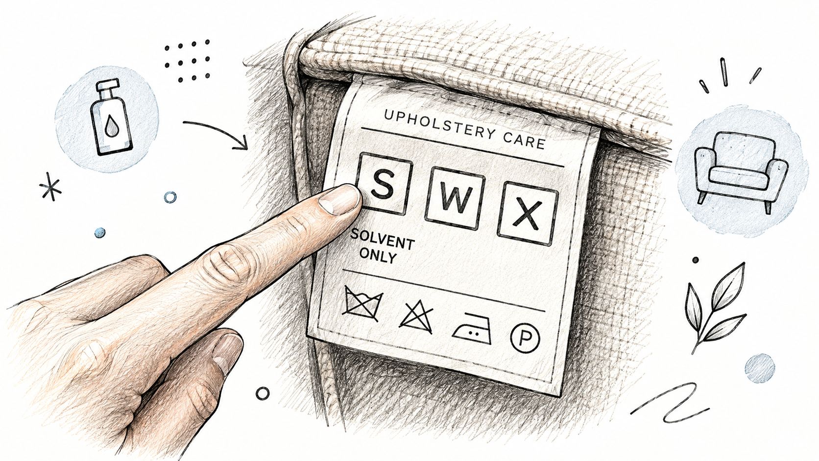 A hand pointing at an upholstery care label with an S code, indicating solvent-only cleaning instructions.