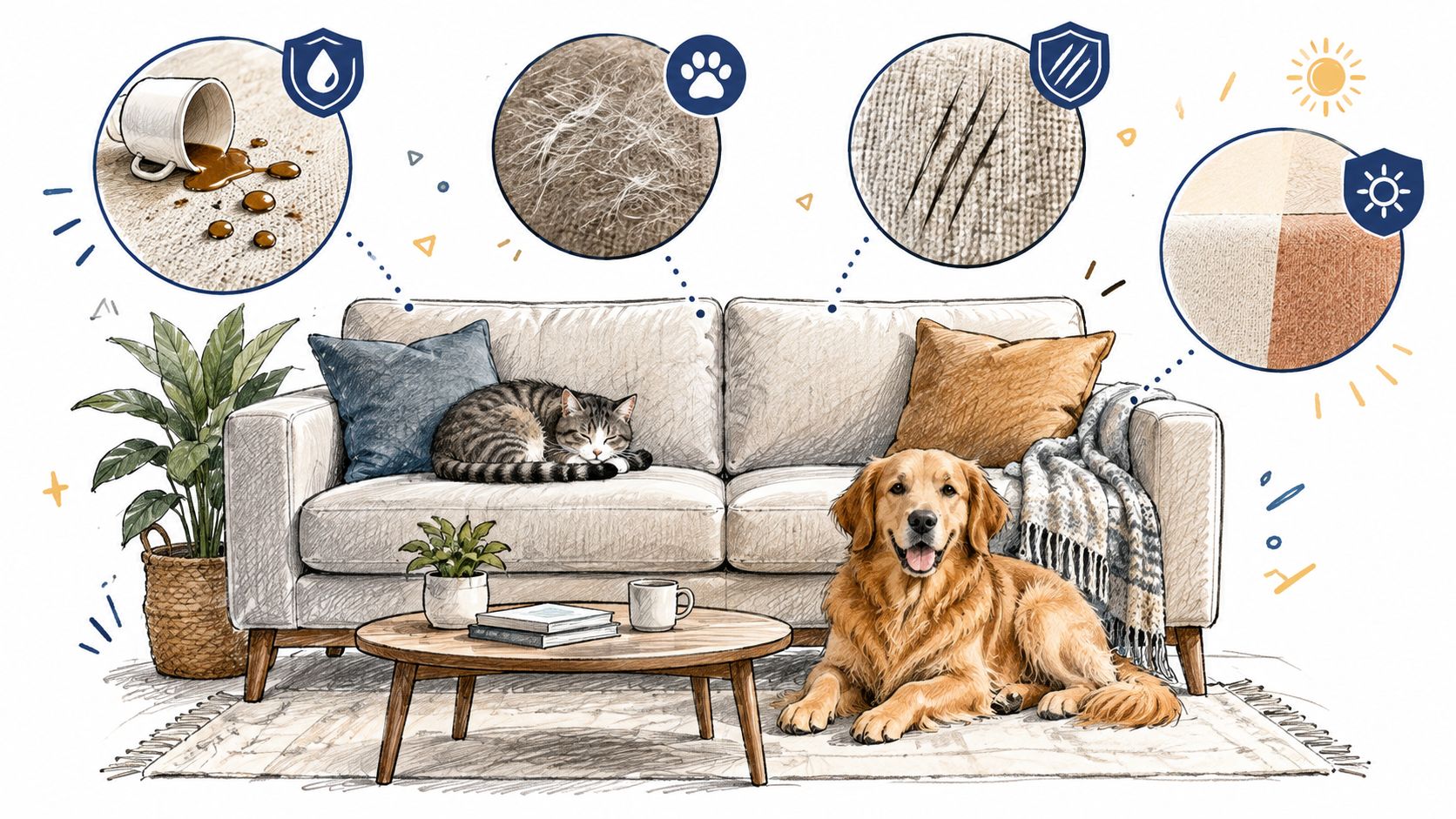 A durable beige sofa set depicted in a sketch style with icons showcasing stain, scratch, and sun resistance.