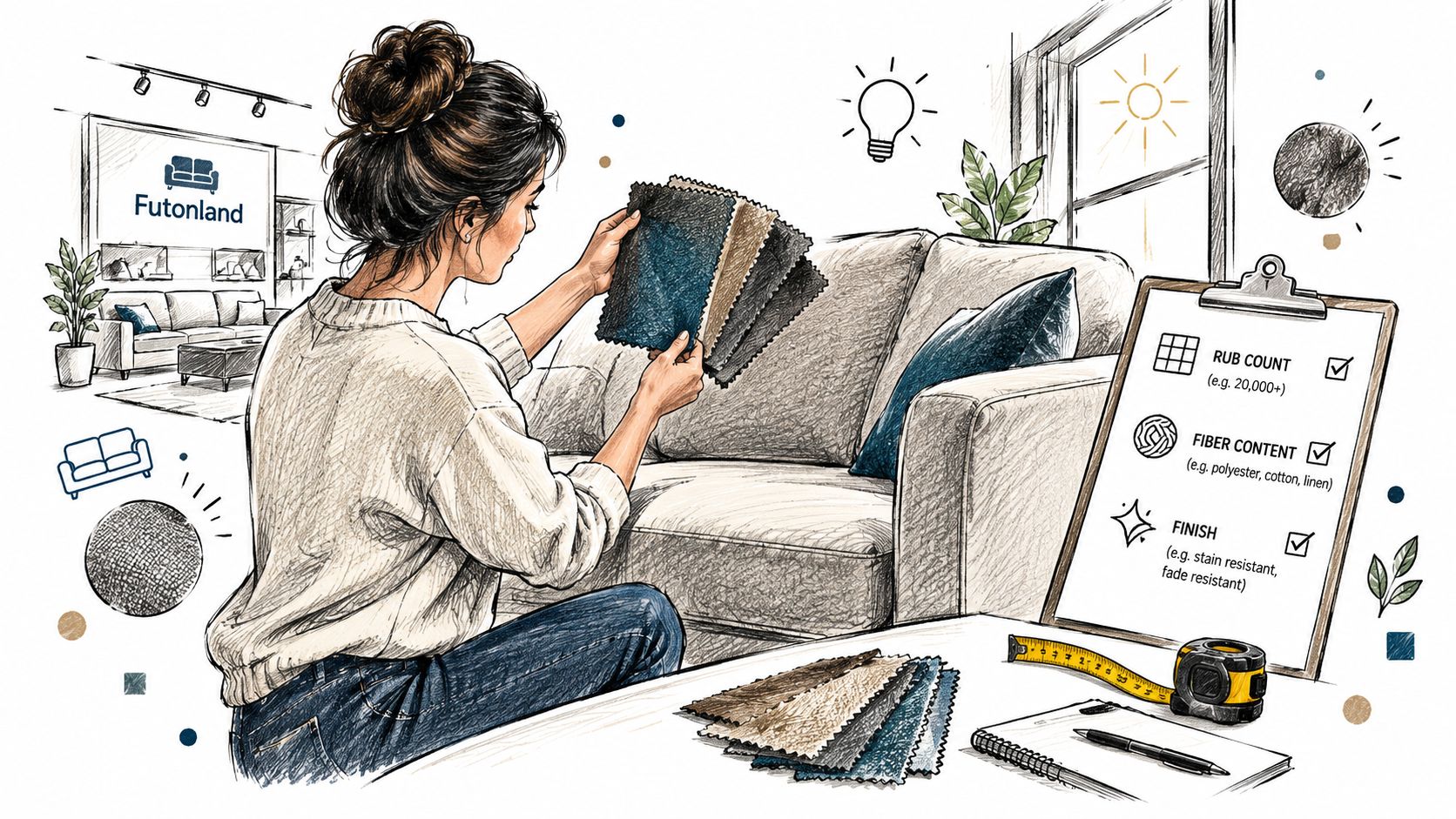 A woman selecting furniture fabric swatches for her home while using a checklist and tape measure.