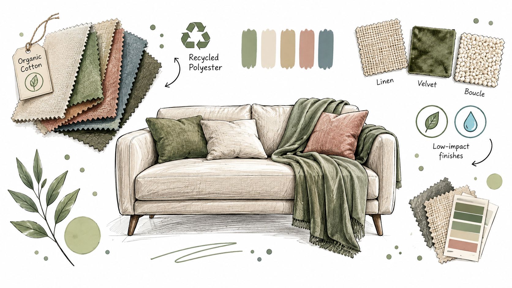 A digital illustration showing a beige sofa with eco-friendly fabric swatches, textures, and sustainable material icons.