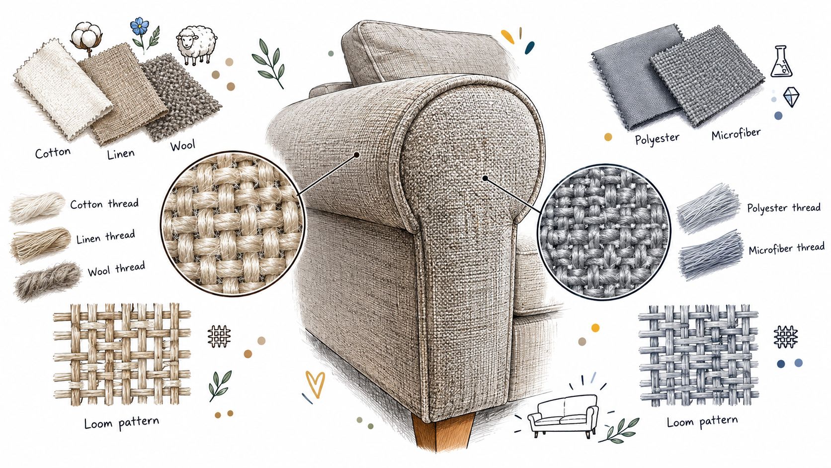 A diagram comparing natural and synthetic fabrics used for upholstery on a comfortable sofa armrest.