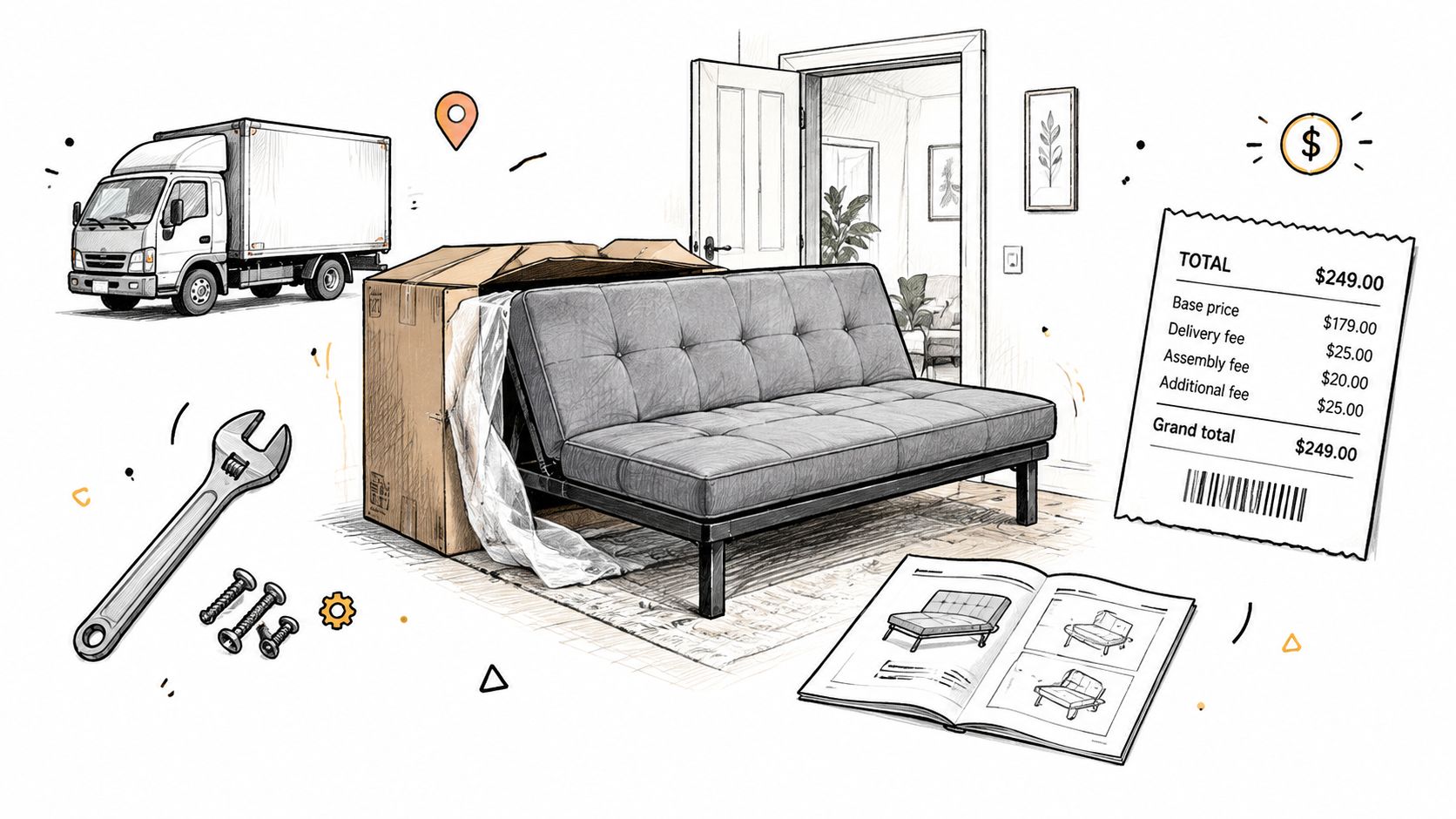 A line-art illustration showing a futon sofa being delivered, assembled, and itemized with a price receipt.