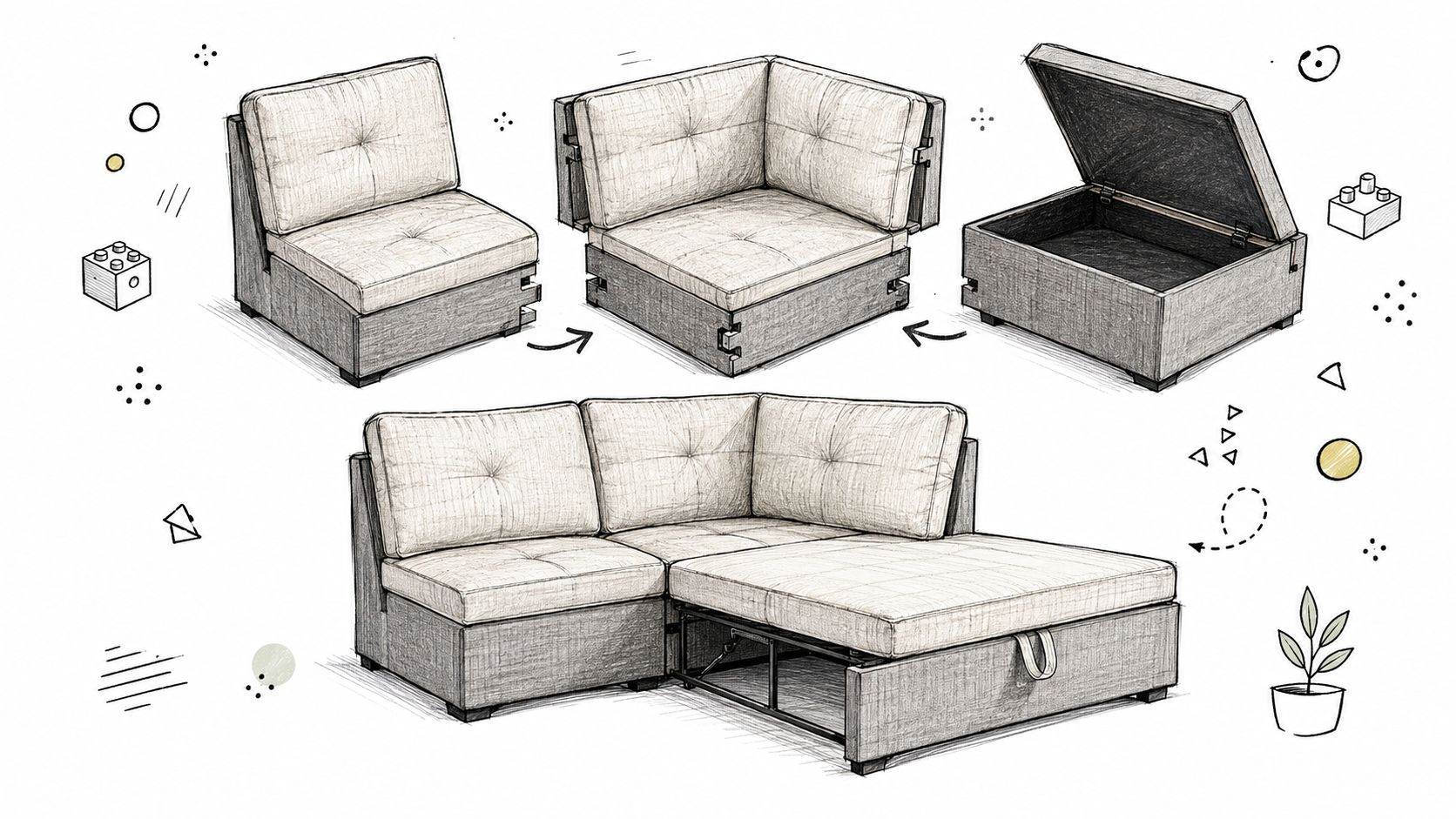 A detailed technical sketch showing a versatile modular sleeper sofa with integrated storage and configuration options.