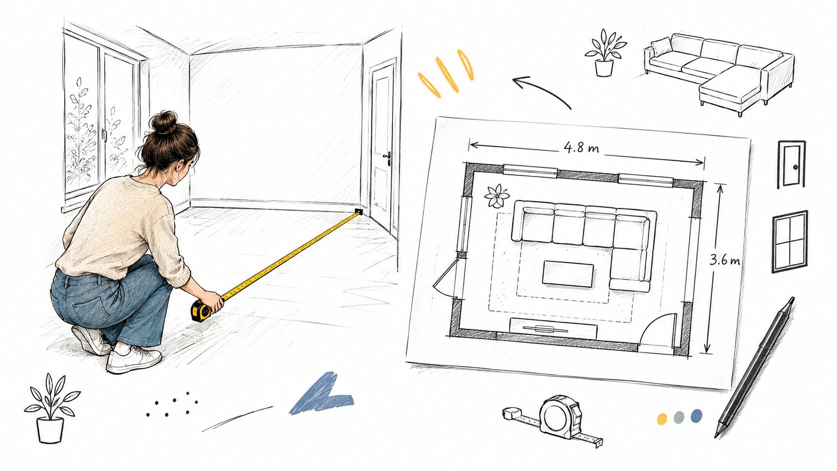 A woman measuring a room with a tape measure next to a blueprint of a living room layout.