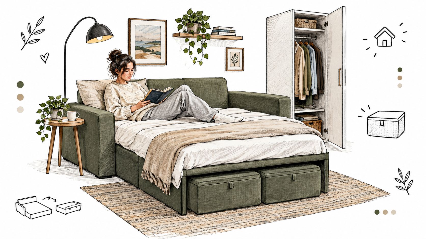 A young woman reading a book on a green modular sleeper sofa with under-bed storage drawers.