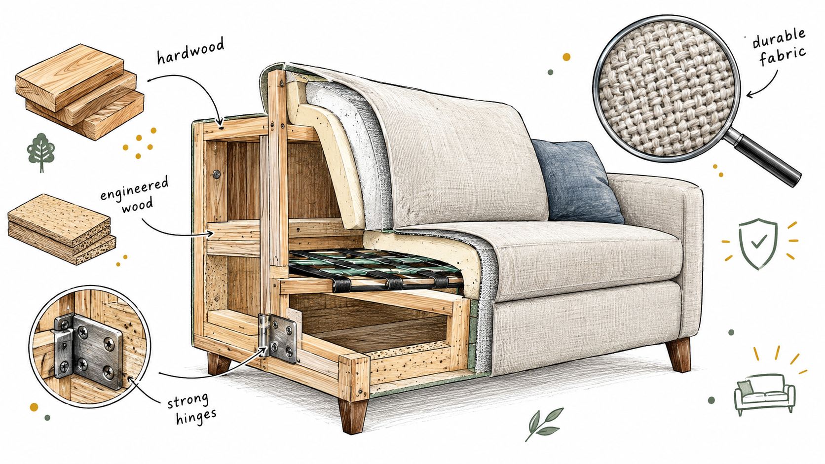 A cutaway illustration of a modular sleeper sofa displaying its durable fabric, hardwood frame, and storage mechanism.