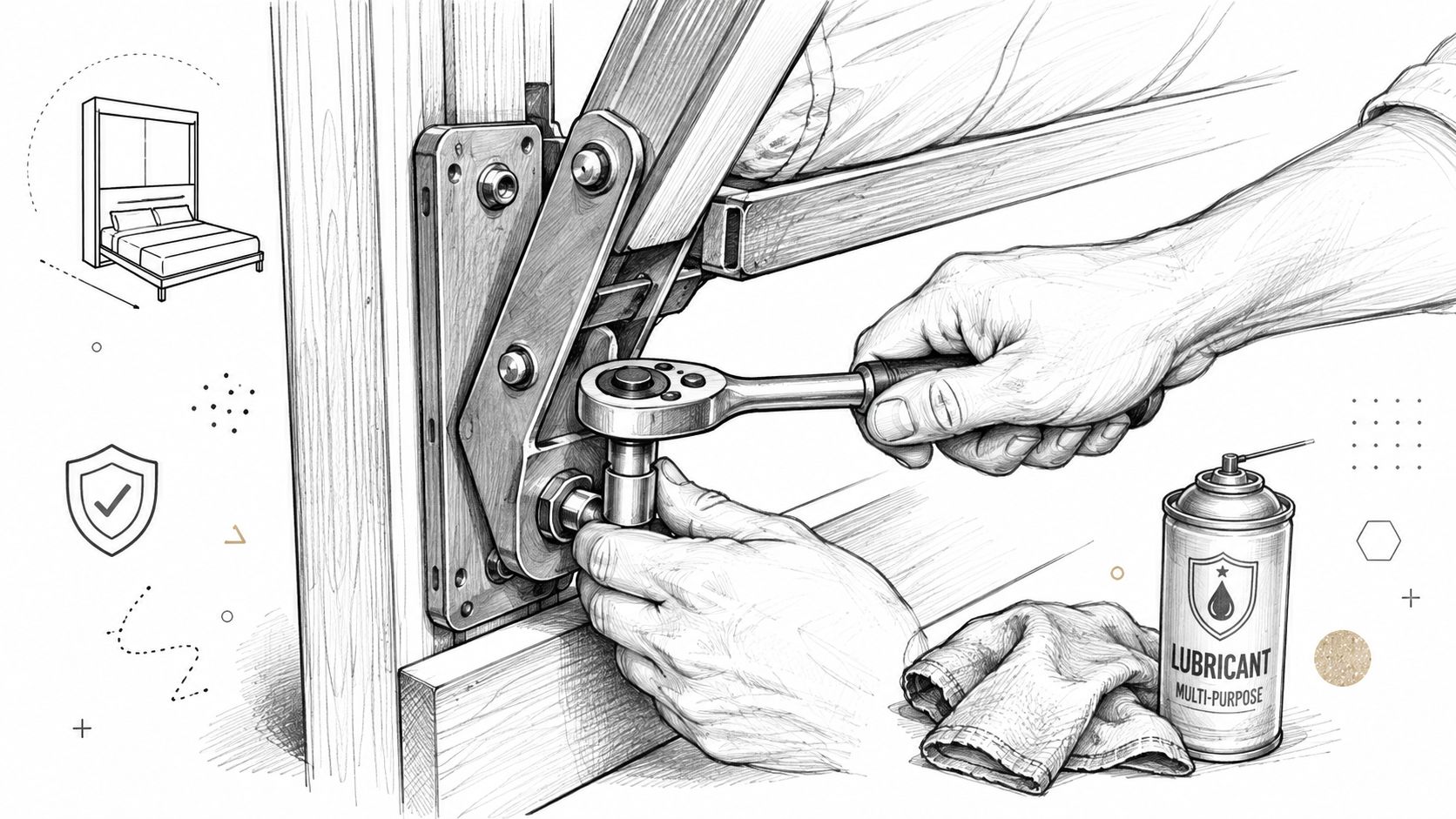 A detailed sketch of a person using a ratchet tool to adjust a murphy bed frame mechanism.