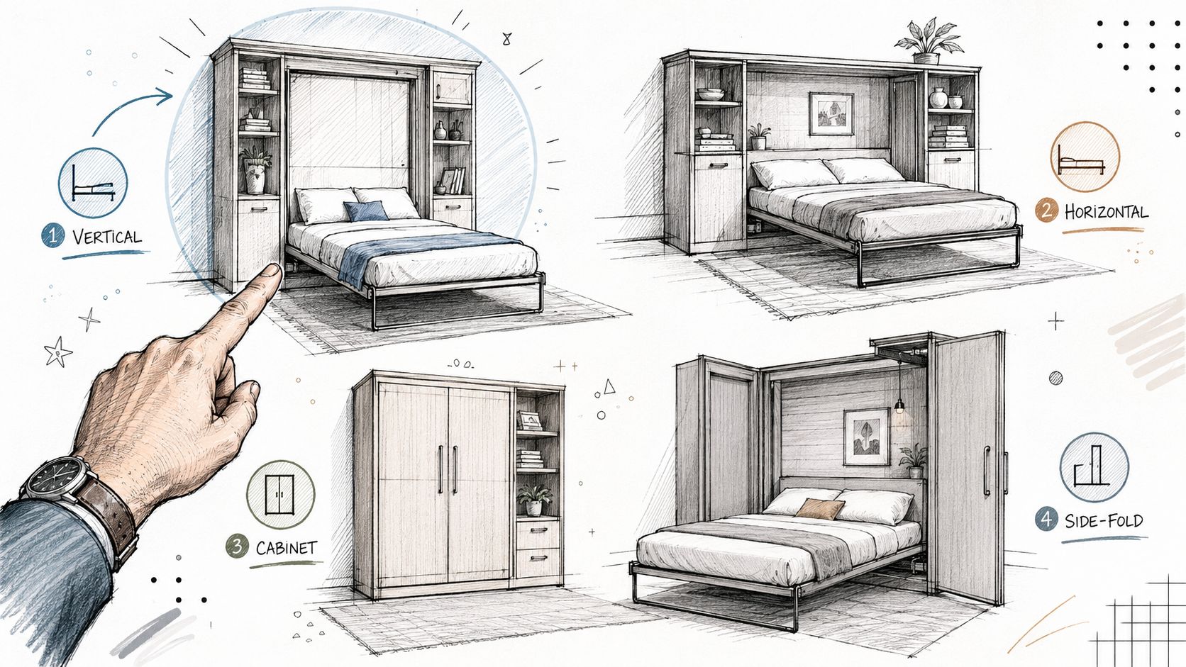 A hand points to a sketch showing four different murphy bed frame king designs including vertical and horizontal orientations.