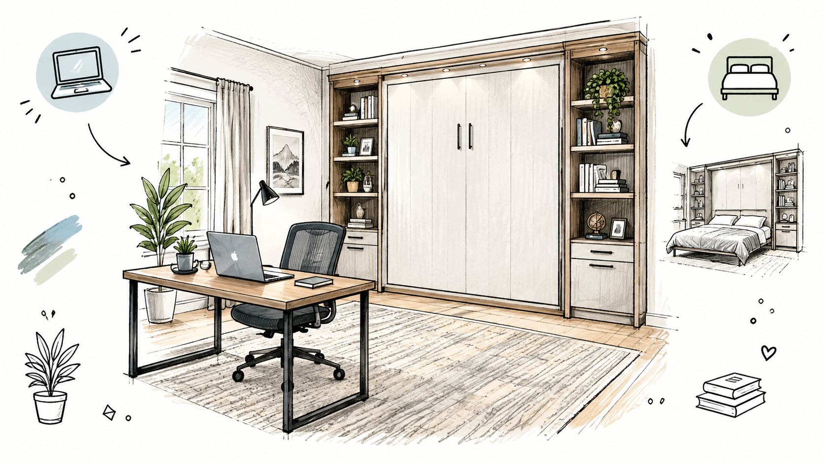 A modern home office featuring a space-saving Murphy bed unit that transforms into a cozy sleeping area.