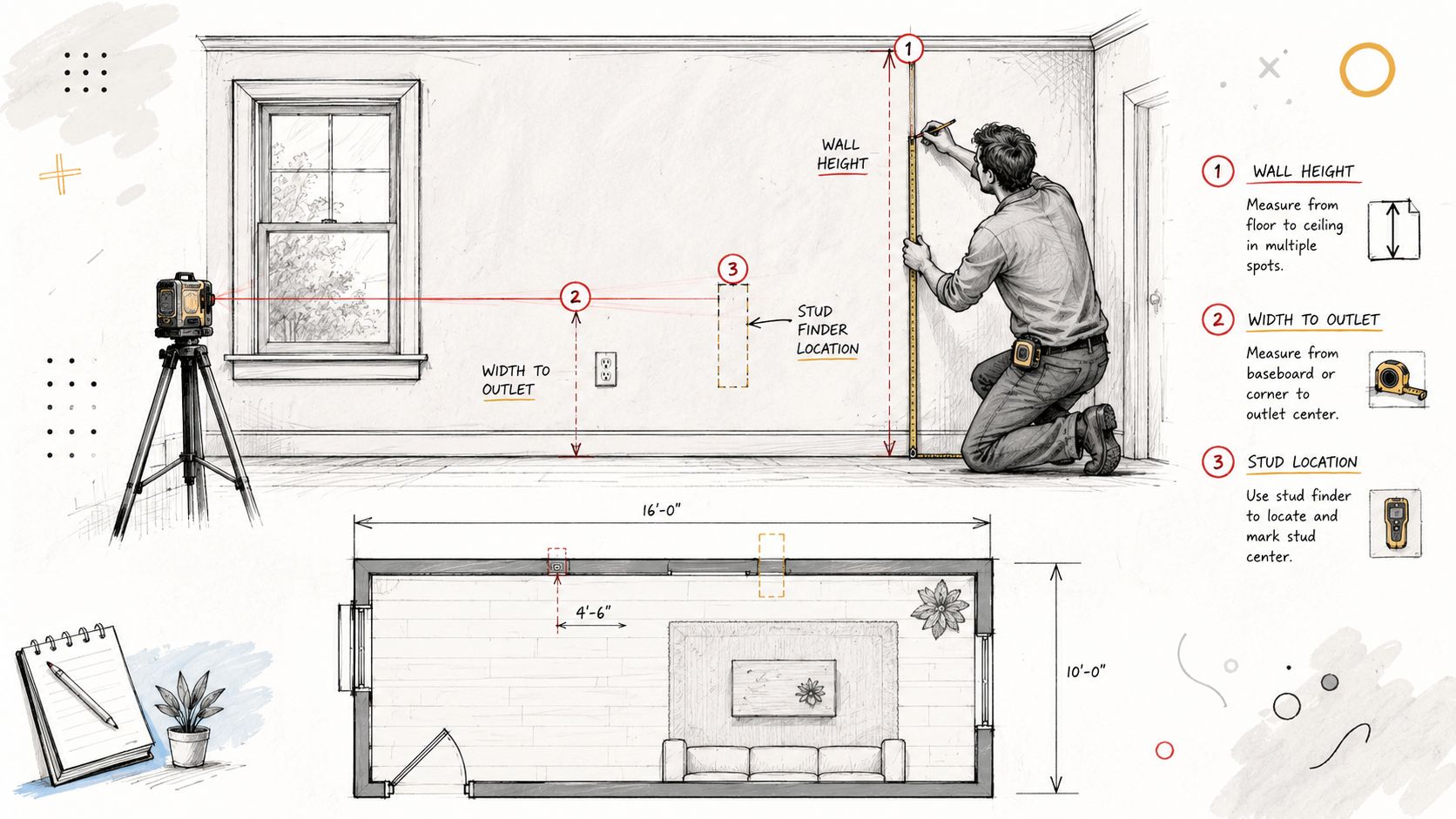 A diagram illustrating how to measure wall height, outlet position, and stud locations for interior planning.