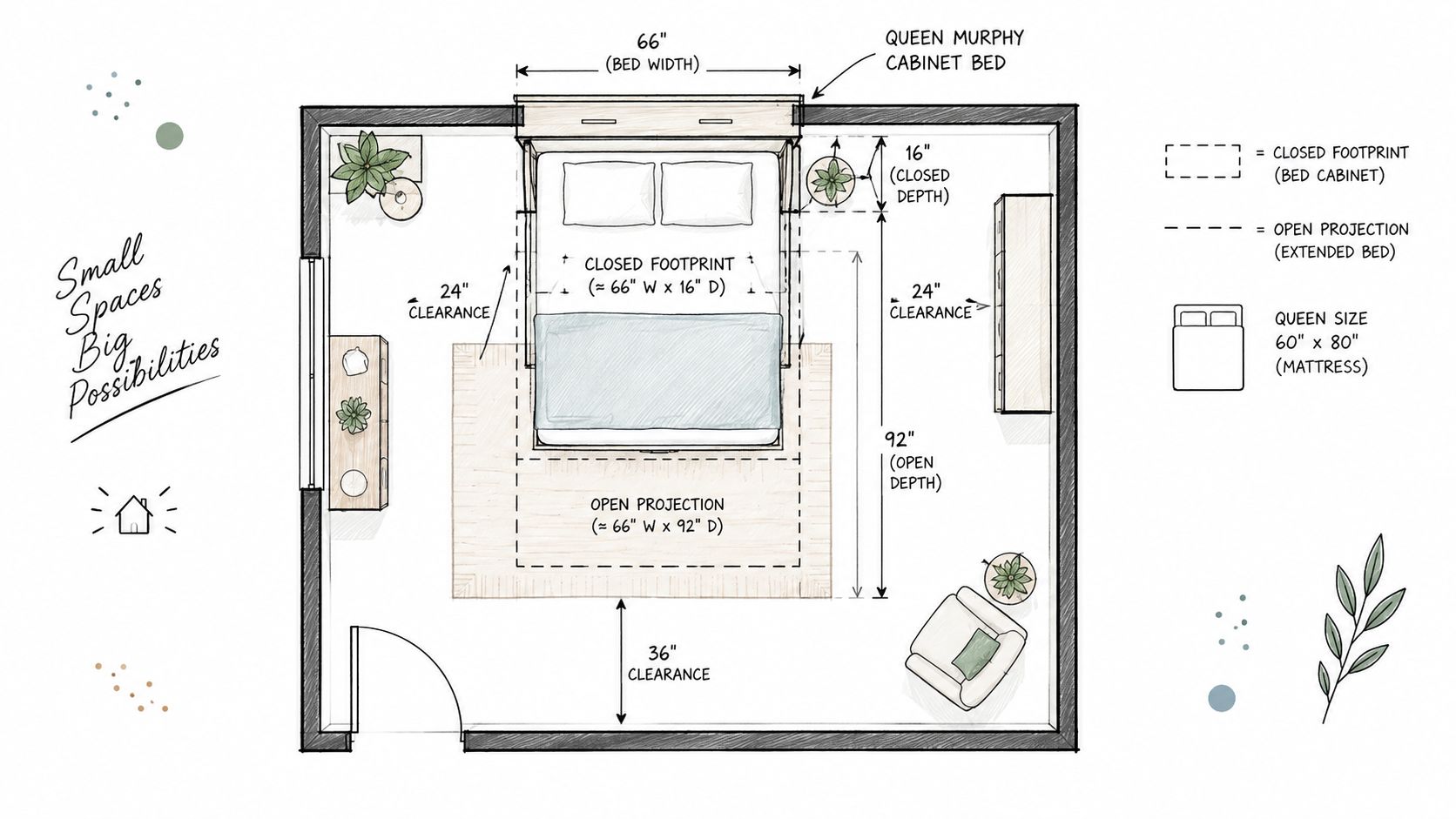 A top-down floor plan diagram illustrating the space required for a queen-size Murphy cabinet bed.