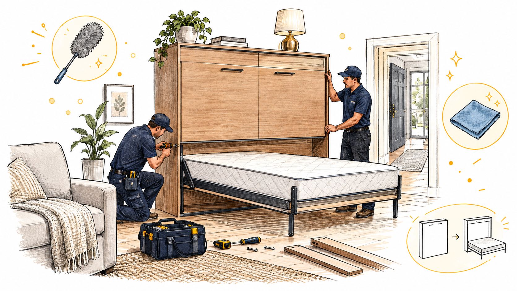 Two professionals installing a wall-mounted murphy cabinet bed in a modern home interior living space.