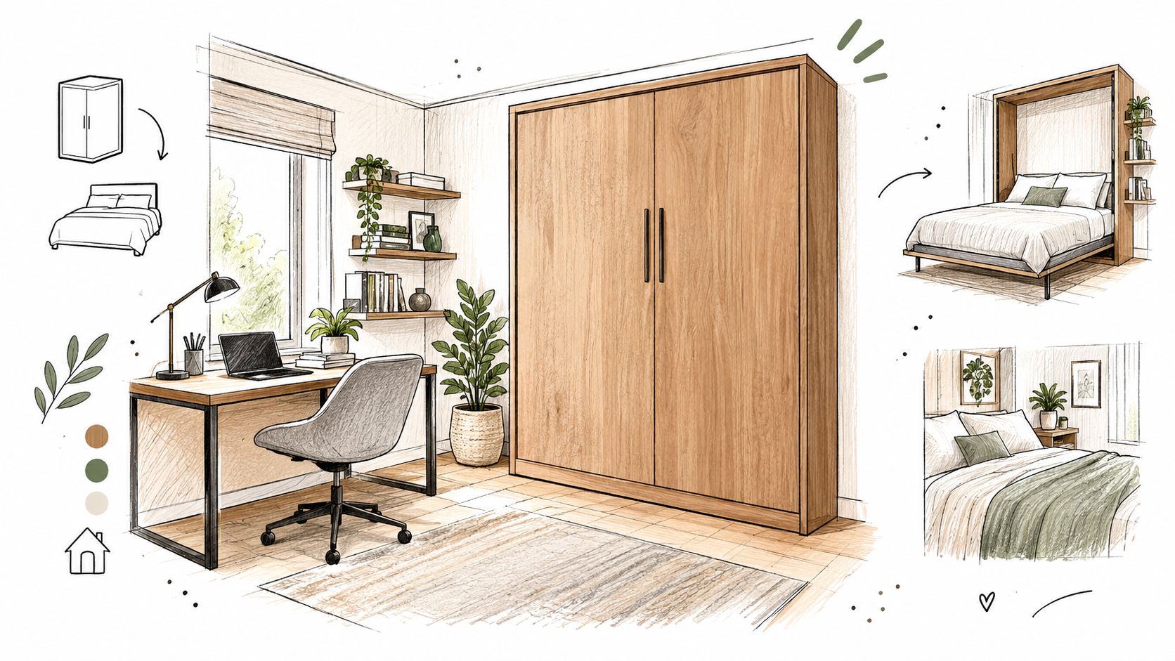 A digital sketch showcasing a multifunctional room featuring a sleek wooden murphy cabinet bed and desk.