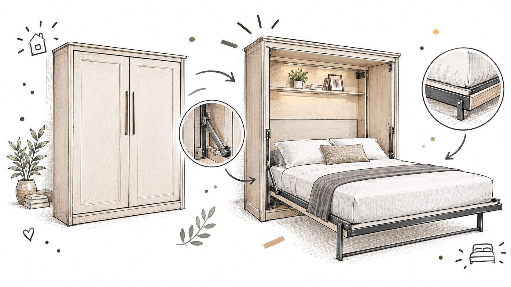 A pencil sketch illustration showing a wood Murphy bed cabinet transforming from a wardrobe into a bed.