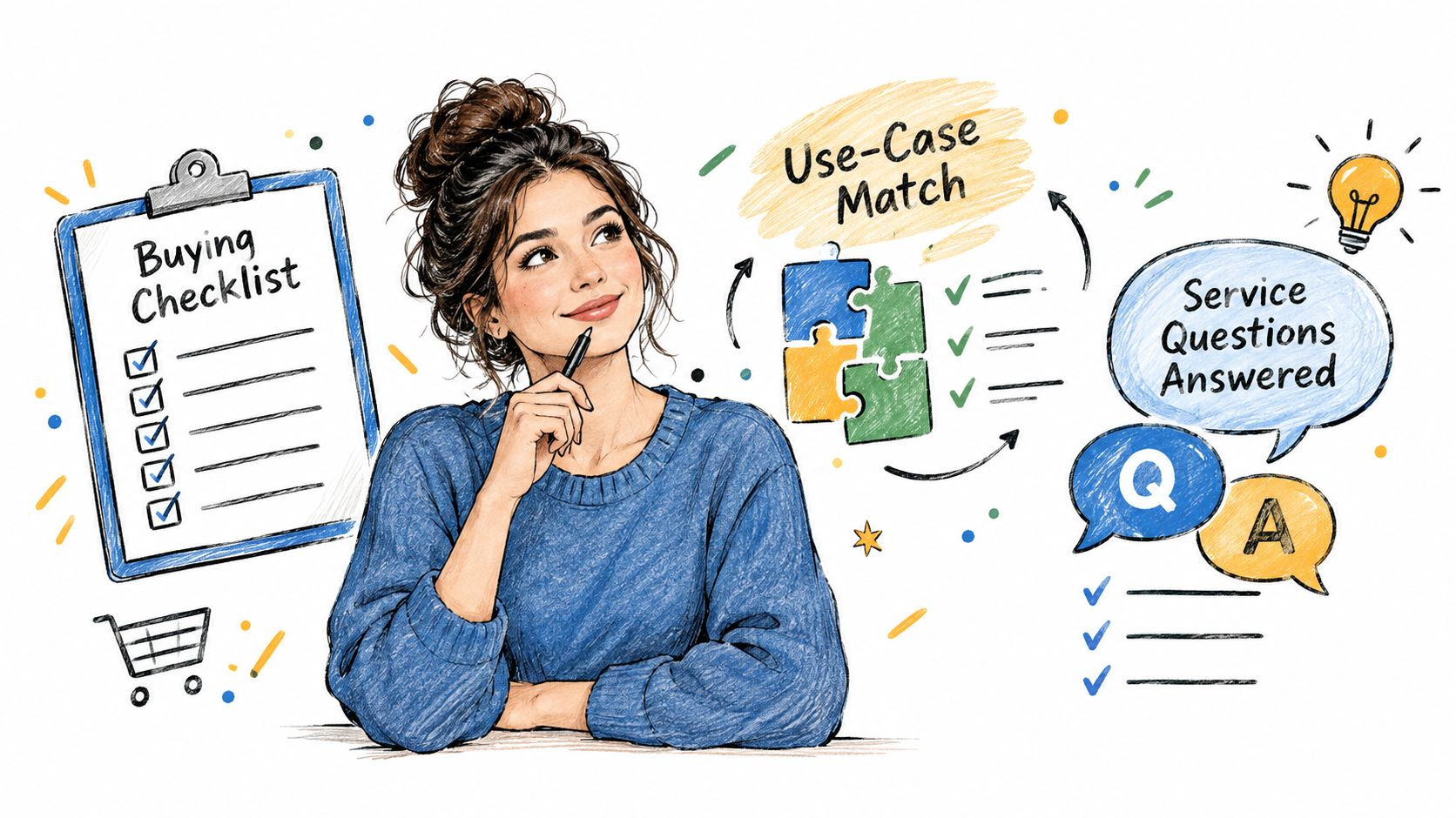 A thoughtful woman planning a purchase with a buying checklist, use-case matching, and service questions answered.