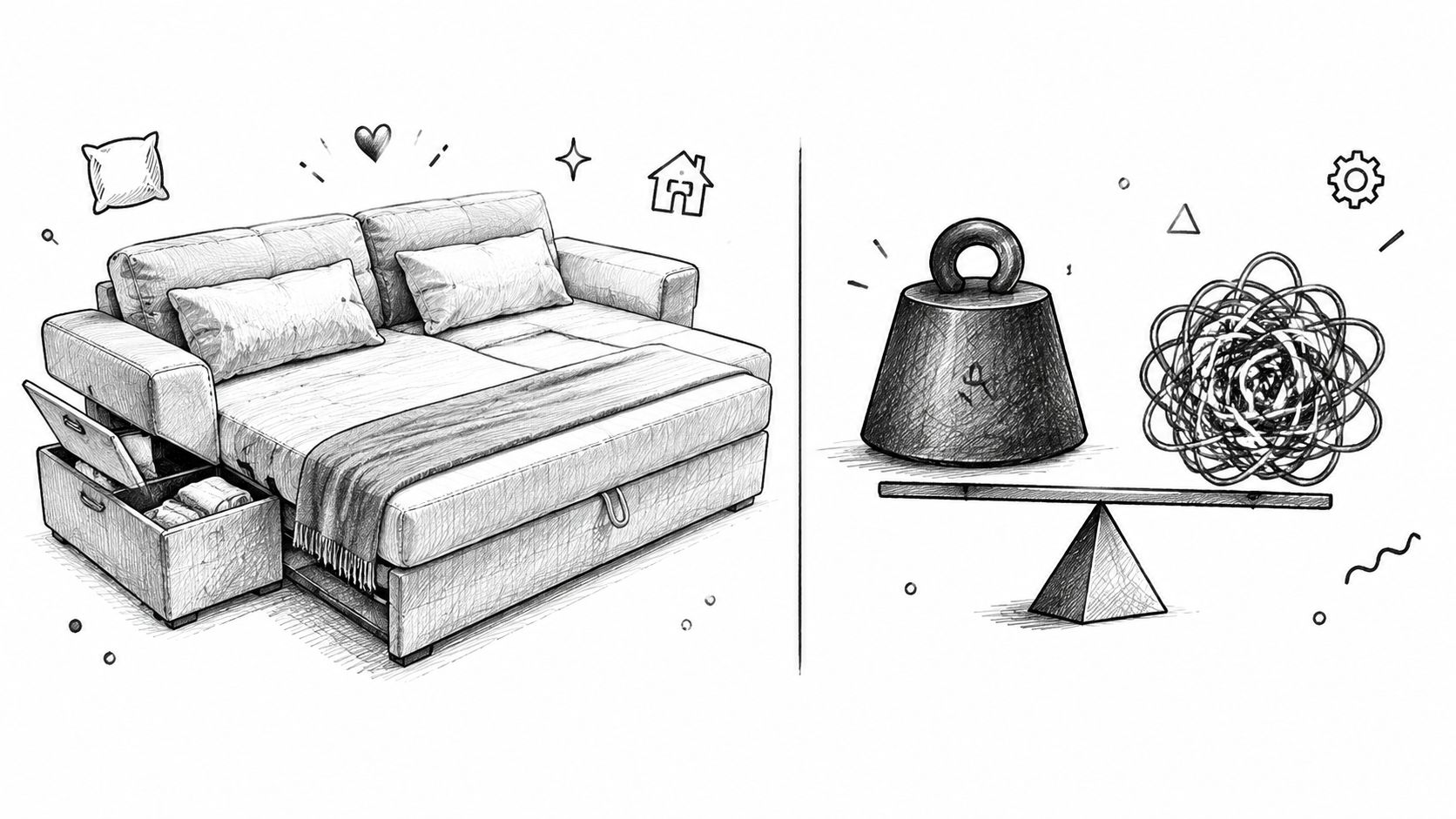 A line-drawn comparison of a cozy queen sleeper sofa with storage against a weight and tangle.