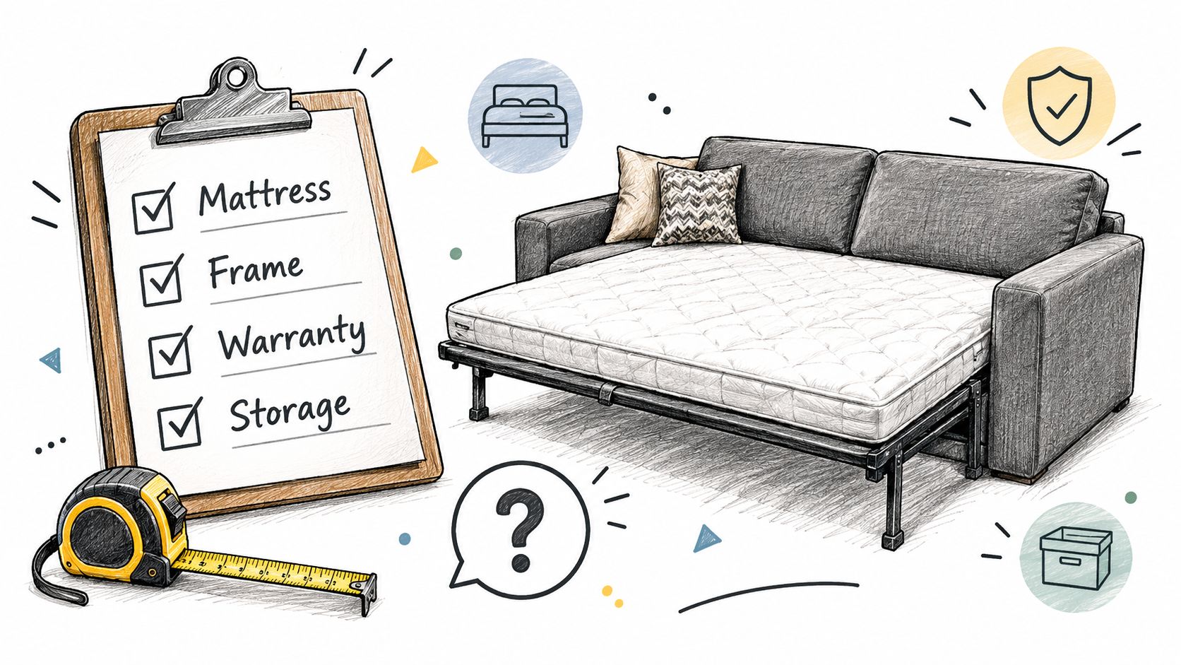 A clipboard with a checklist and a tape measure beside a grey sleeper sofa with storage.