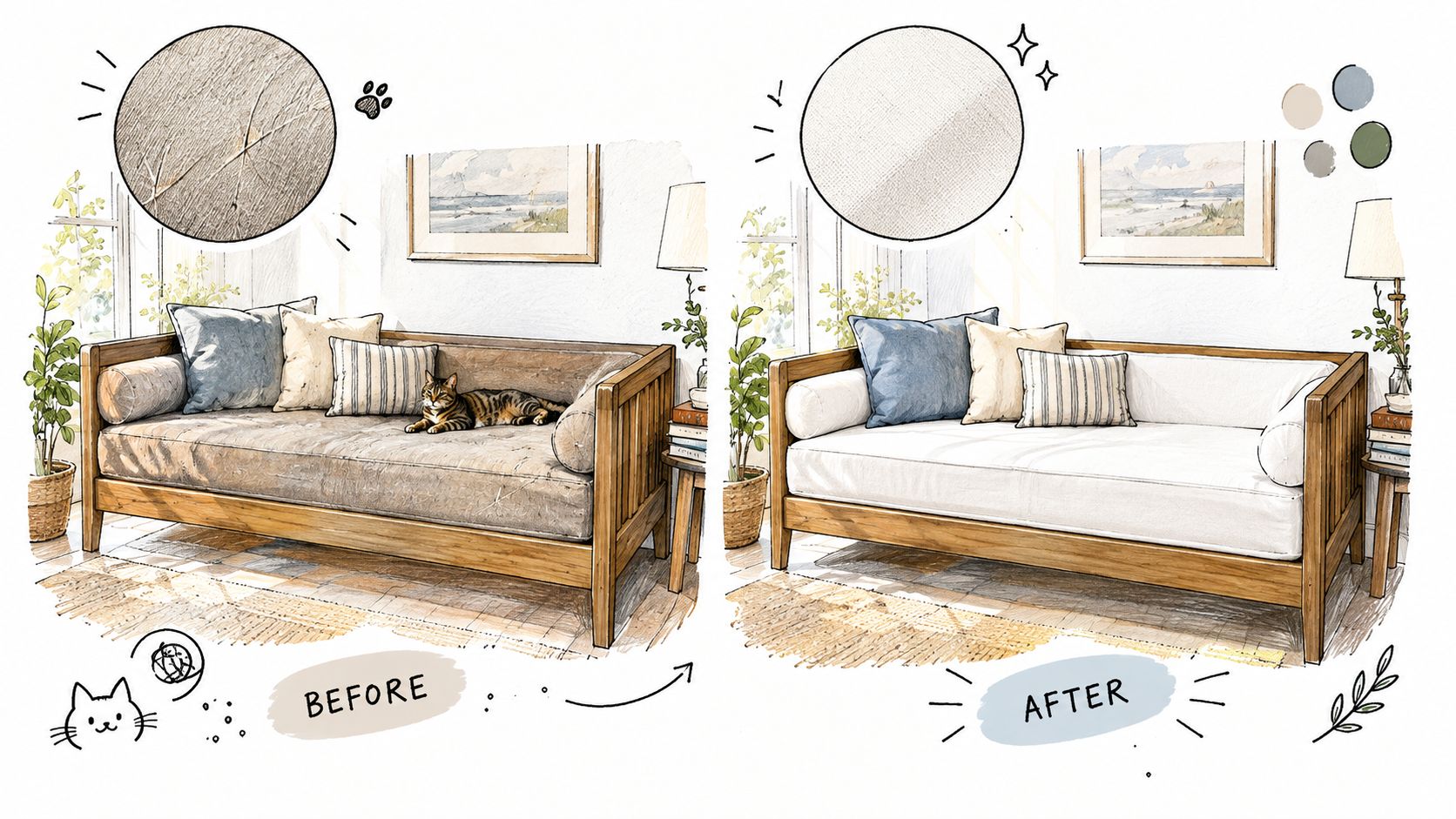 A split-screen comparison showing a worn daybed with a cat before and after applying a clean slipcover.