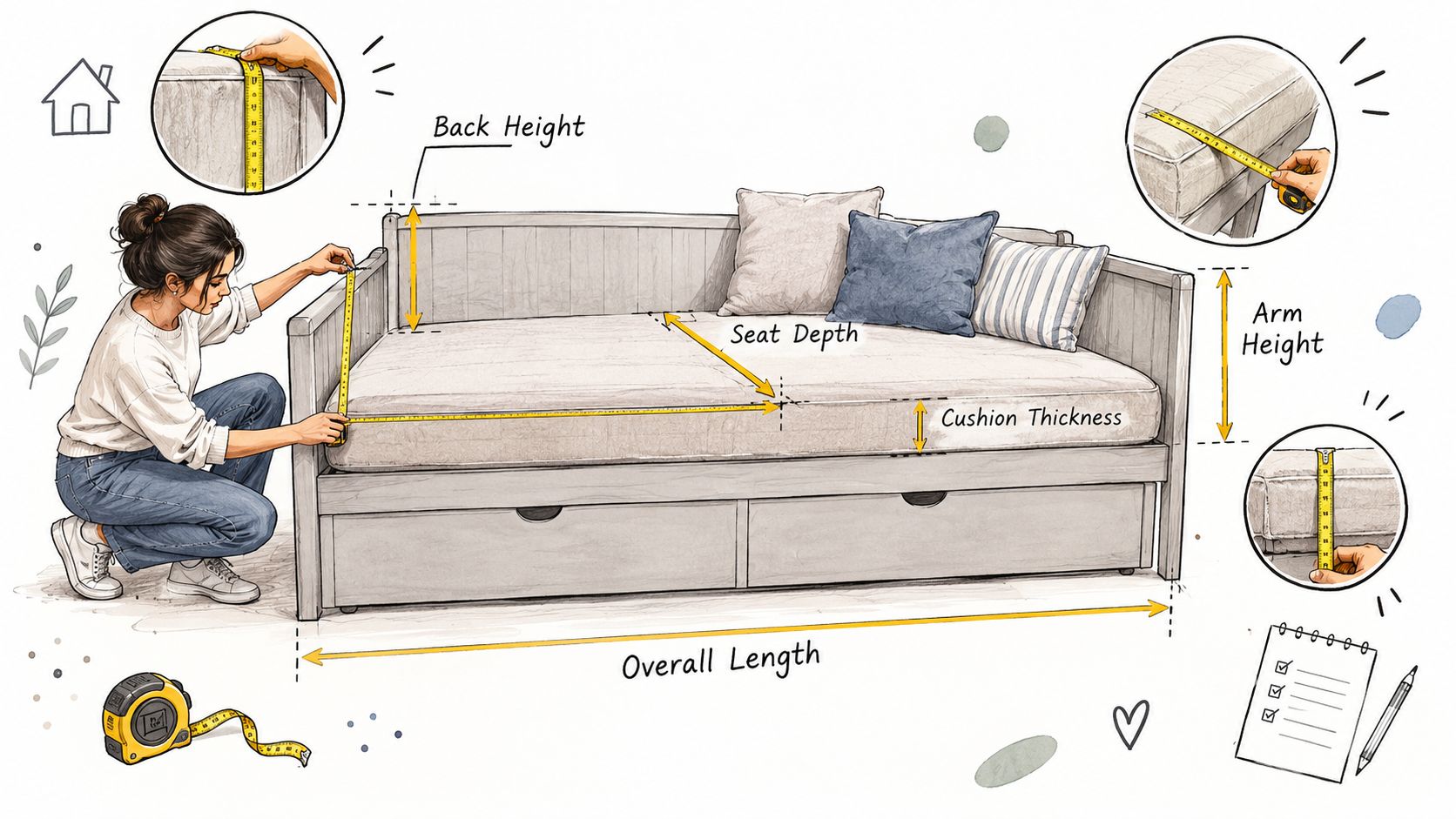 A woman measuring a wooden daybed with drawers underneath to demonstrate dimensions for proper slipcover fitting.