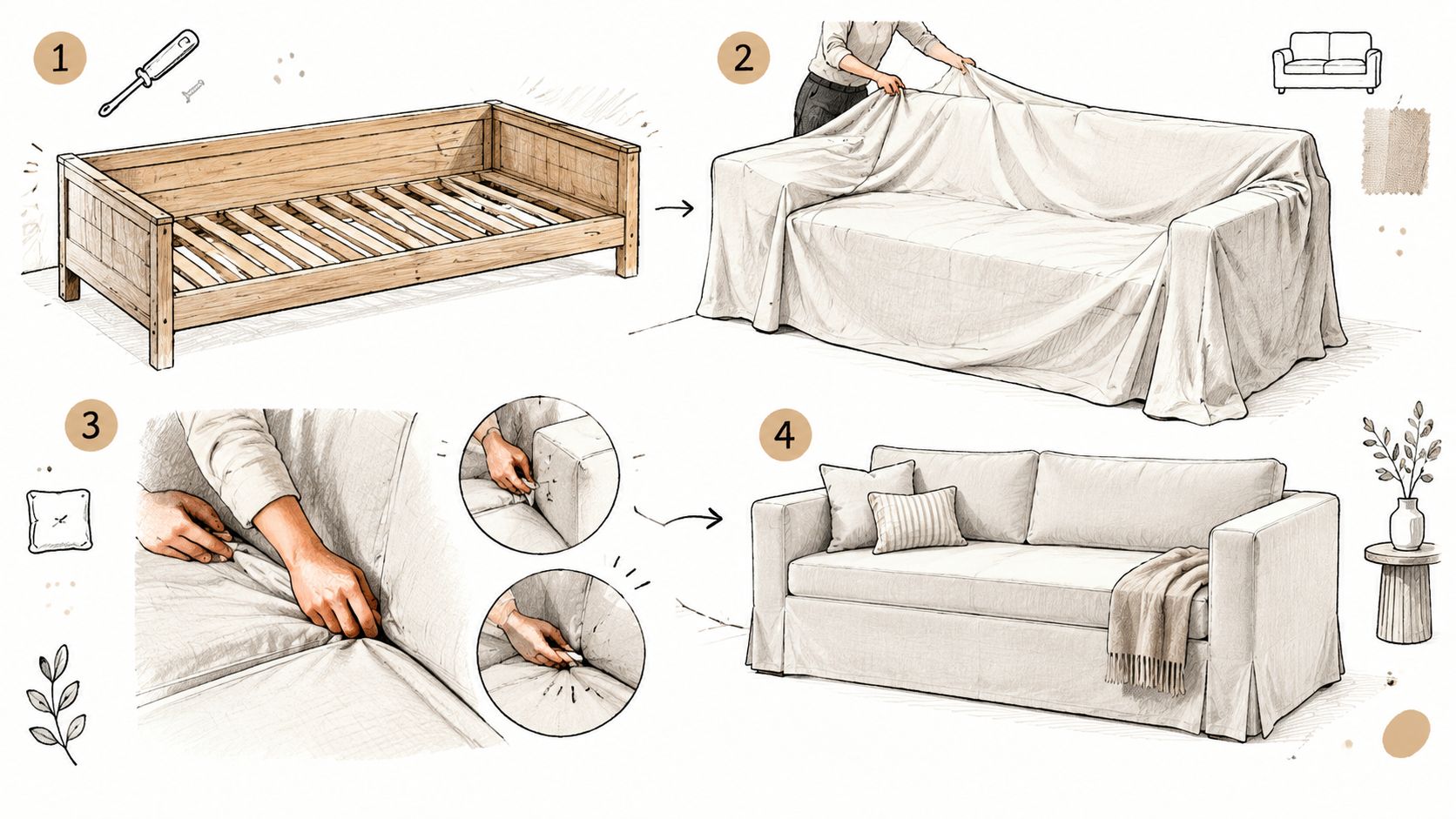 A four-step illustration showing how to assemble and fit a fabric cover onto a wooden daybed frame.