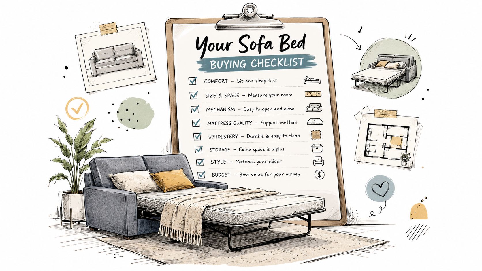 A helpful infographic showing a sofa bed buying checklist with tips on comfort, size, and style.