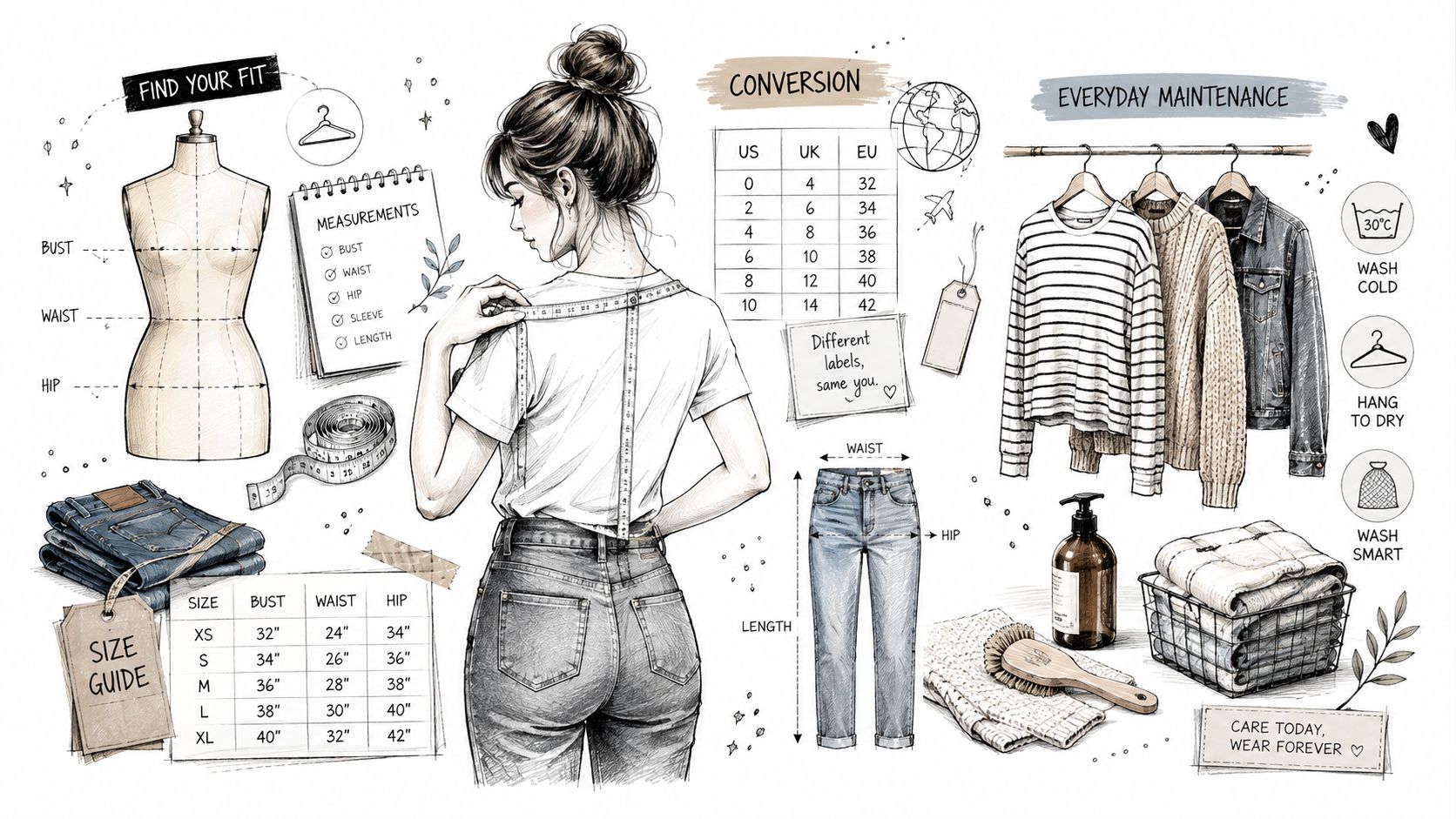 A hand-drawn style fashion illustration guide showing body measurements, sizing charts, and clothing maintenance tips.
