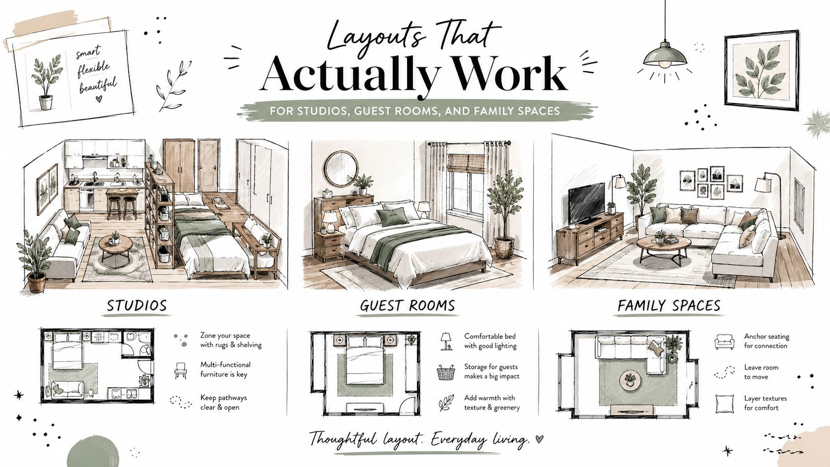 An infographic showing interior design layouts for studio apartments, guest rooms, and cozy family living spaces.