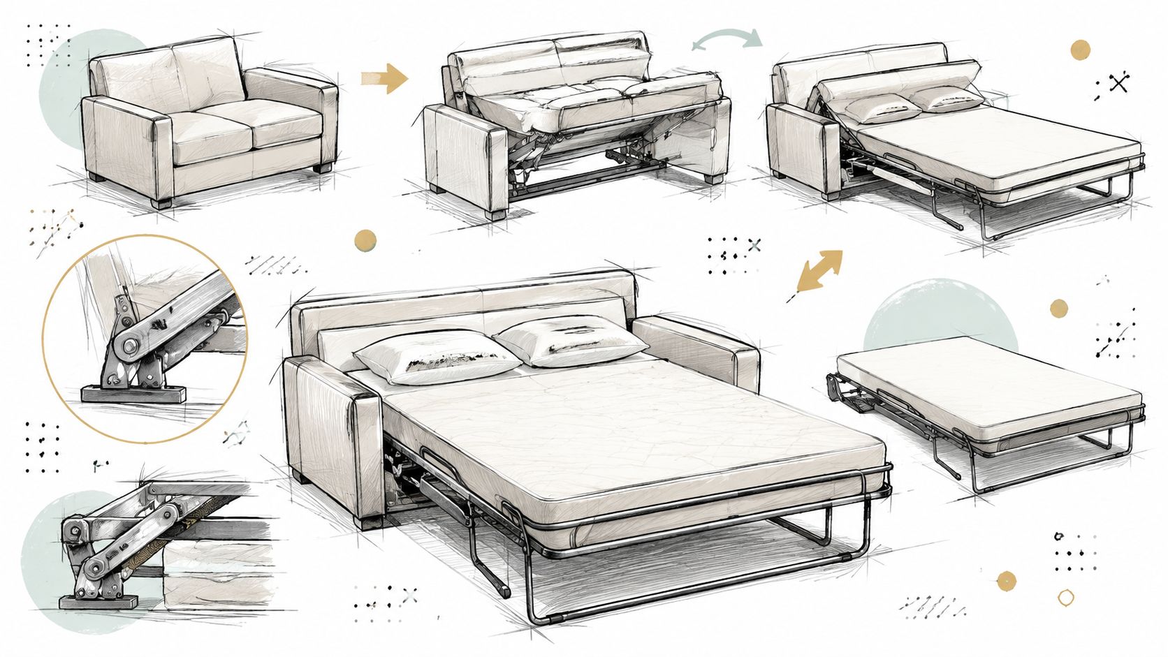 A detailed technical sketch showing the step-by-step transformation mechanism of a convertible sofa bed into a bed.