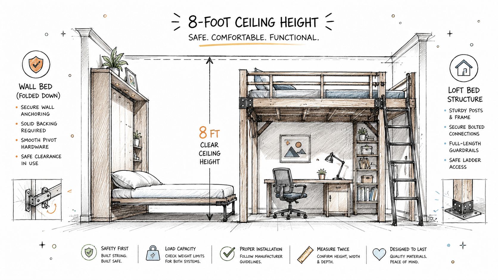 An illustration showing a space saving bedroom with a wall bed and a loft bed setup.