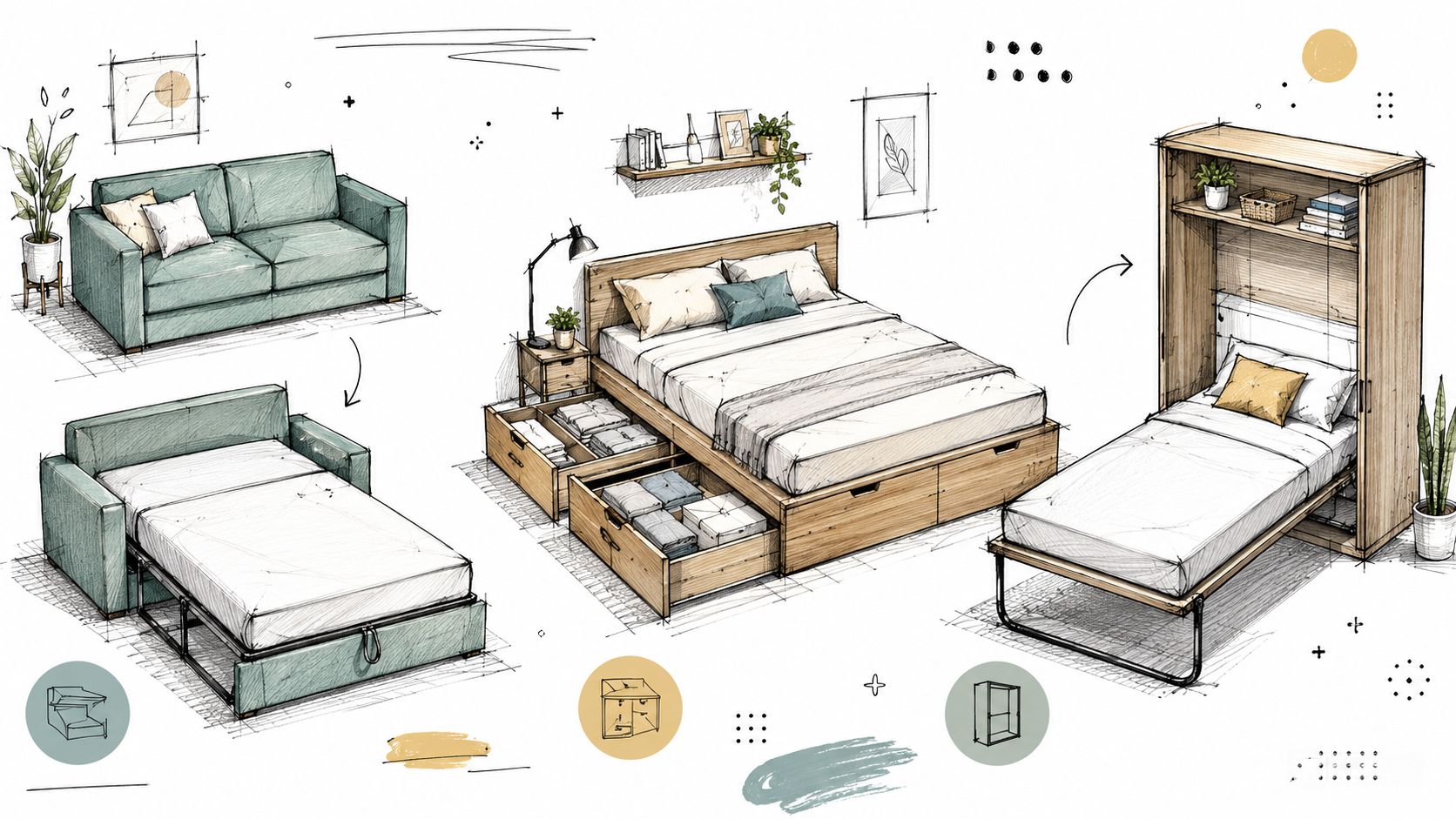 Sketch design of multifunctional space saving furniture including a sofa bed and wall-mounted folding beds.
