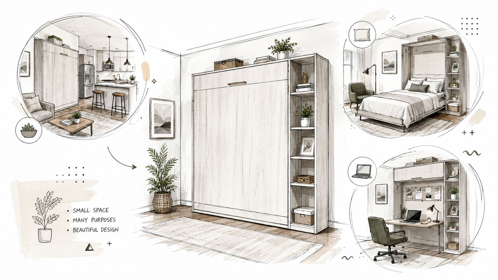 A multifunctional wall bed transforming a compact room into a stylish bedroom and a home office space.