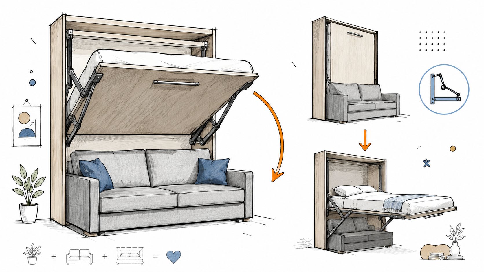 A detailed technical sketch showing a space-saving wall bed unit that converts from a sofa to bed.