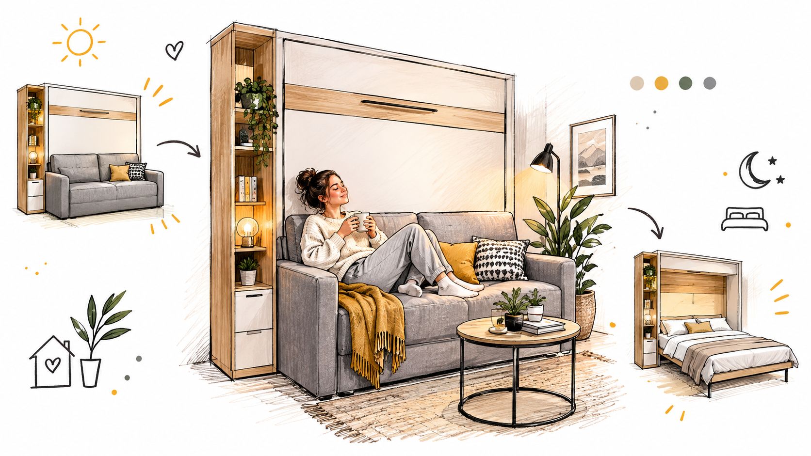 A woman relaxes on a sofa with a space-saving wall bed unit in a modern living room.