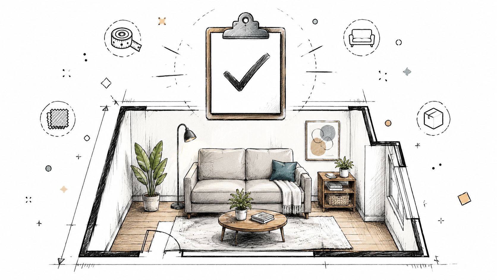 A hand-drawn illustration of a modern living room featuring a cozy white sofa, decor, and planning icons.