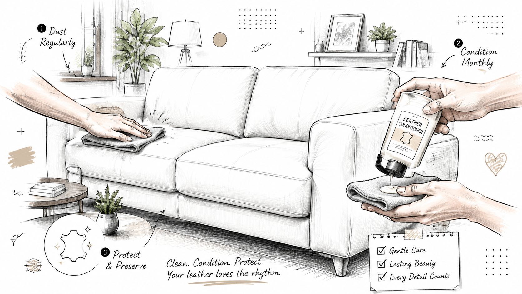 A sketched illustration demonstrating the three essential steps for maintaining a white leather sofa set.