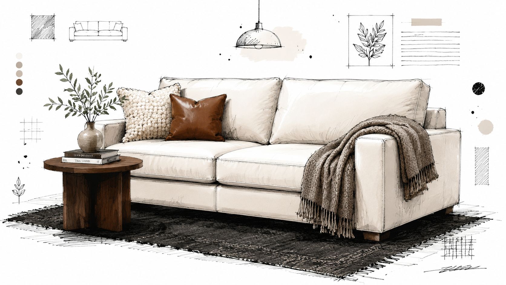 A sophisticated white leather sofa featuring a decorative throw blanket, leather pillows, and a rustic side table.