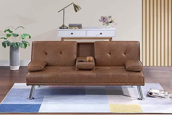 F8590 Faux Leather Convertible Sofa w/Fold-Down Table Brown at