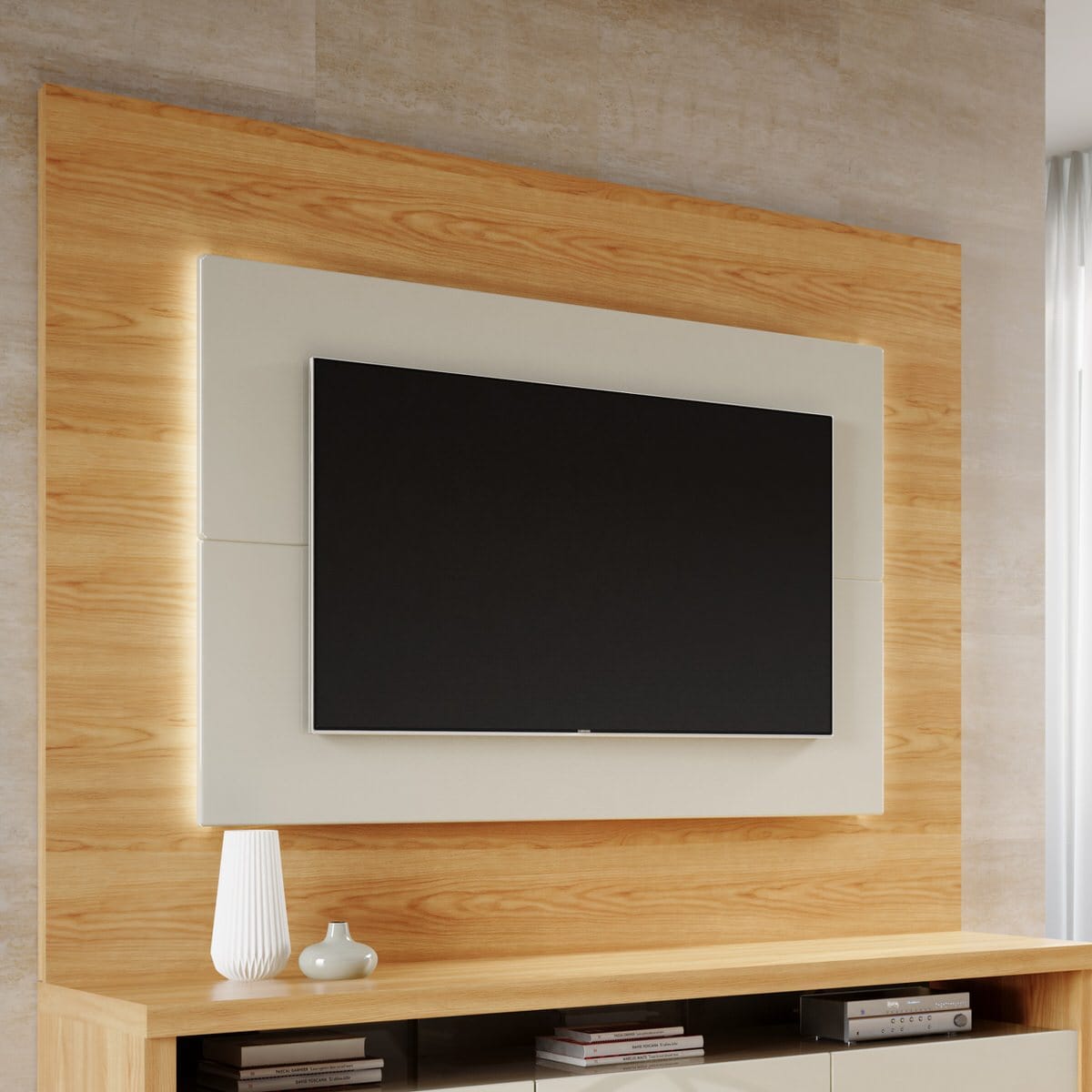 Sylvan 85 43 Inch Off White Natural Wood TV  Panel  w LED 