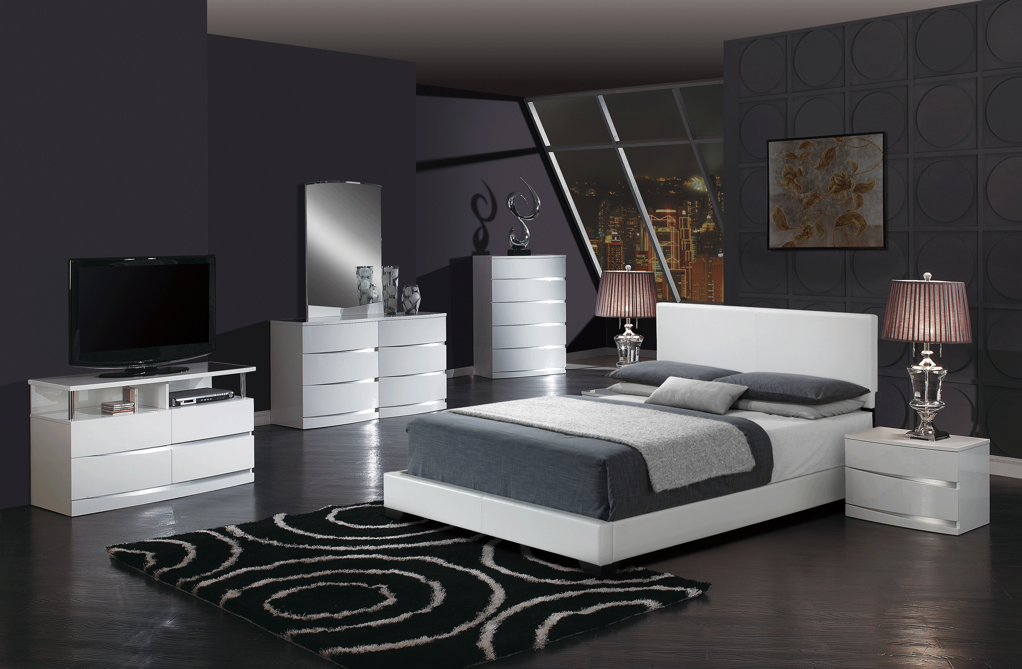 Aurora White Glossy Bedroom Set (w/8103 Grey PU Bed) by Global Furniture