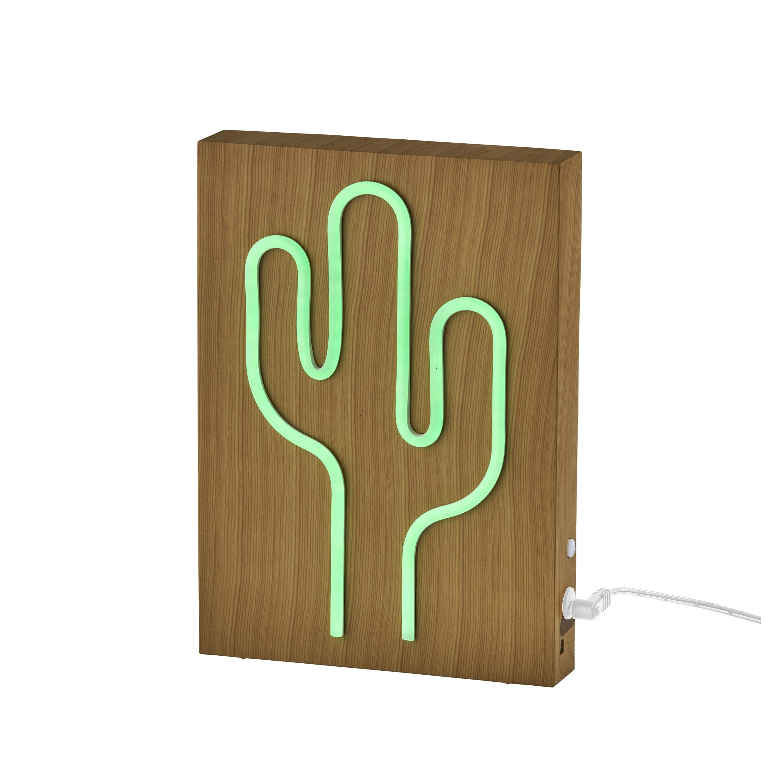 Wood Natural Wood Finish Framed Neon Cactus Wall Lamp by Adesso Furniture