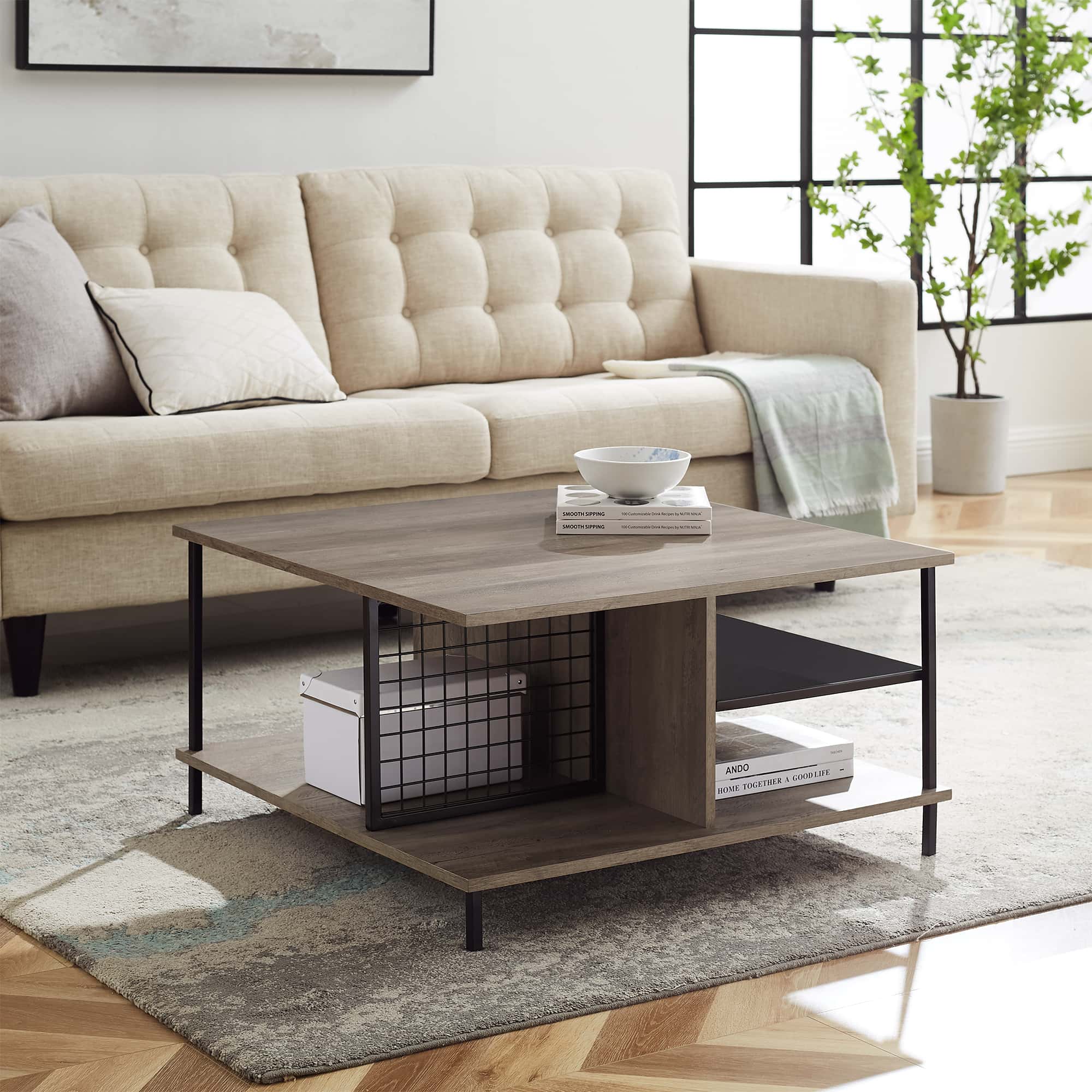 30 Inch Metal and Wood Square Coffee Table Grey Wash by Walker Edison