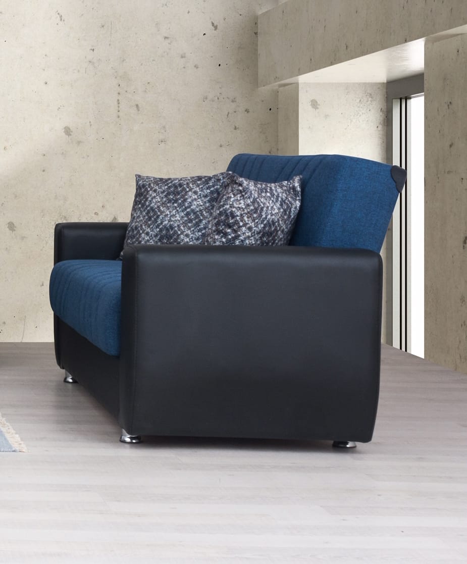 Rana Navy Blue Fabric W Black PU Leather Loveseat By Alpha Furniture