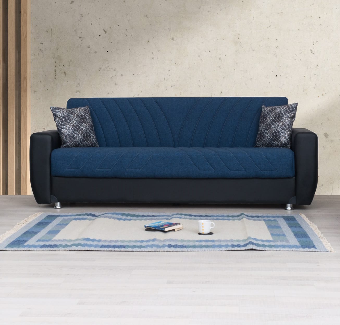 Rana Navy Blue Fabric W Black PU Leather Sofa Bed By Alpha Furniture