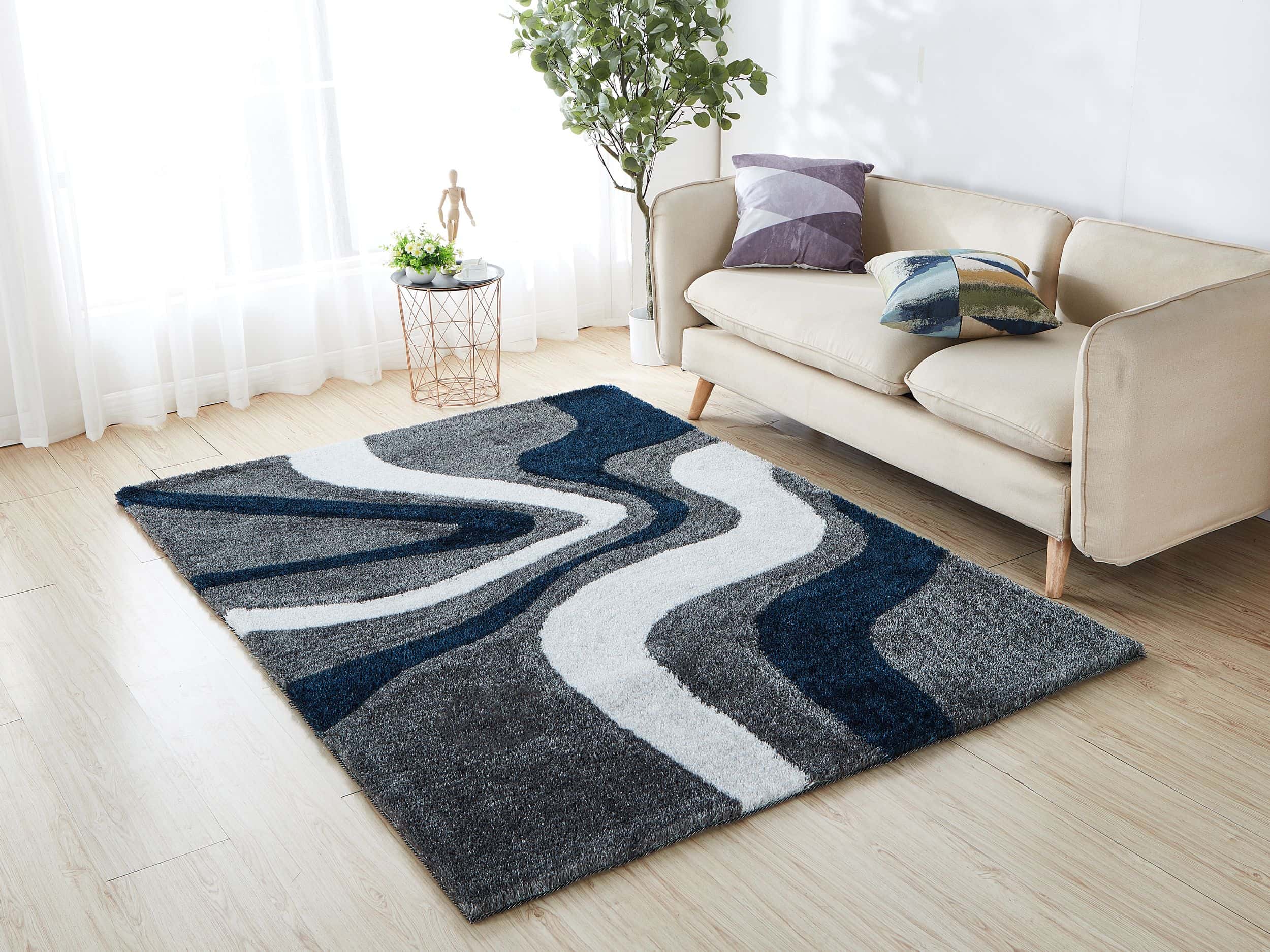 Aria Grey, Navy Blue & White Soft Pile Shaggy Area Rug by Amazing Rugs