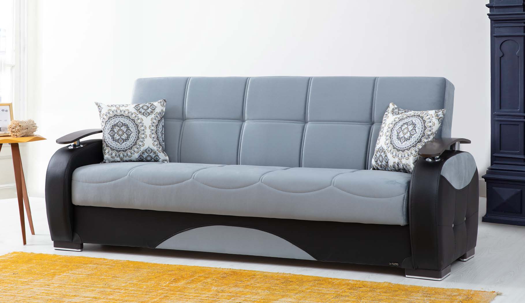 Rio Blue & Black PU Leather w/Wood Arm Sofa Bed by Alpha Furniture