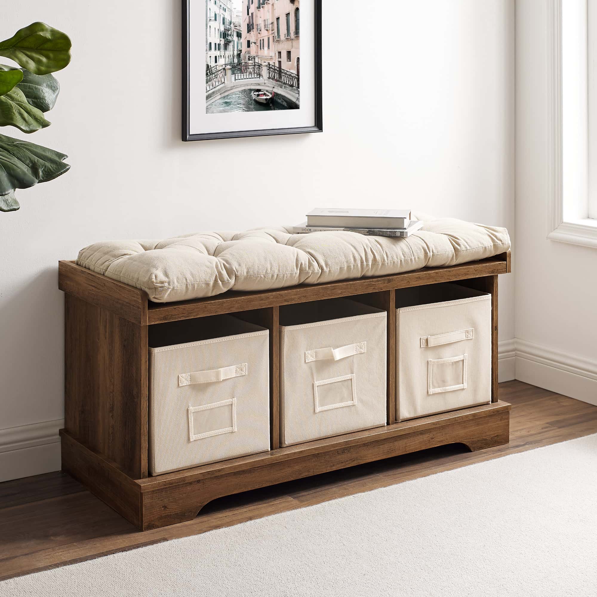 42 Inch Modern Farmhouse Entryway Storage Bench Rustic Oak by Walker